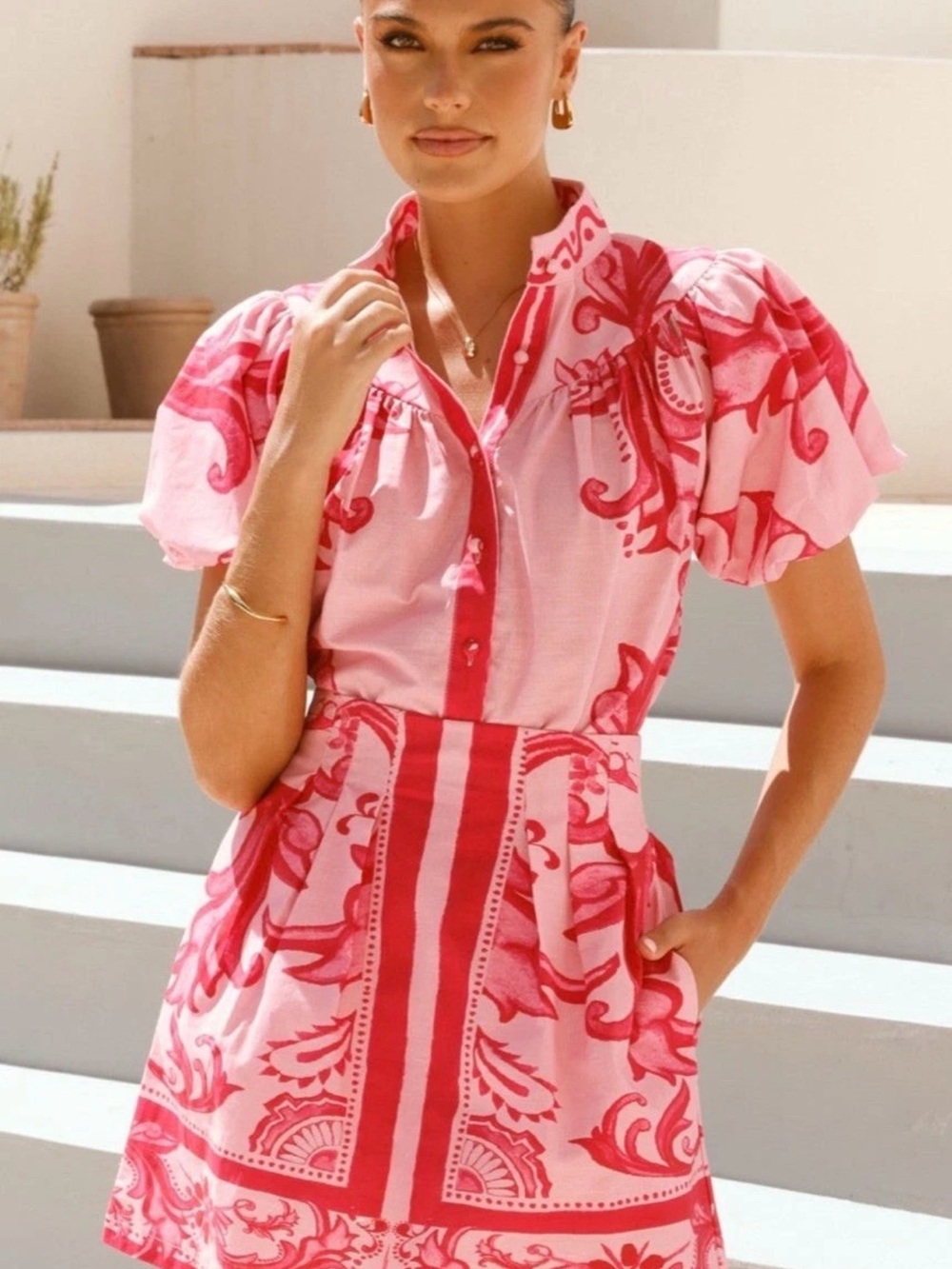 Pink & Red Printed Puff-Sleeve set blouse and skirt size L